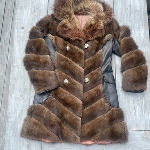 Vintage genuine mink and leather chevron coat